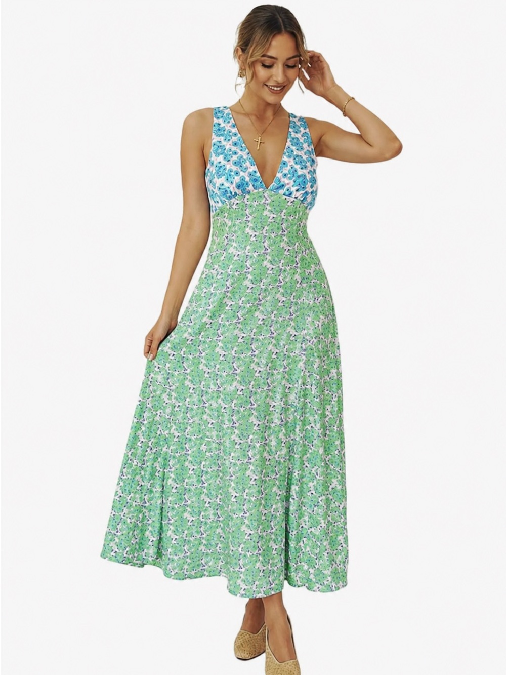 Colorblock Floral‎ Maxi Dress Open Back Tie Neck Cottagecore 2XL